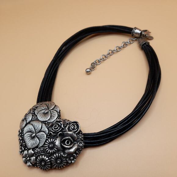 Chico's Floral Heart Silver Tone Pendant Necklace, 9 Strands Black Leather, 20" - Picture 5 of 12